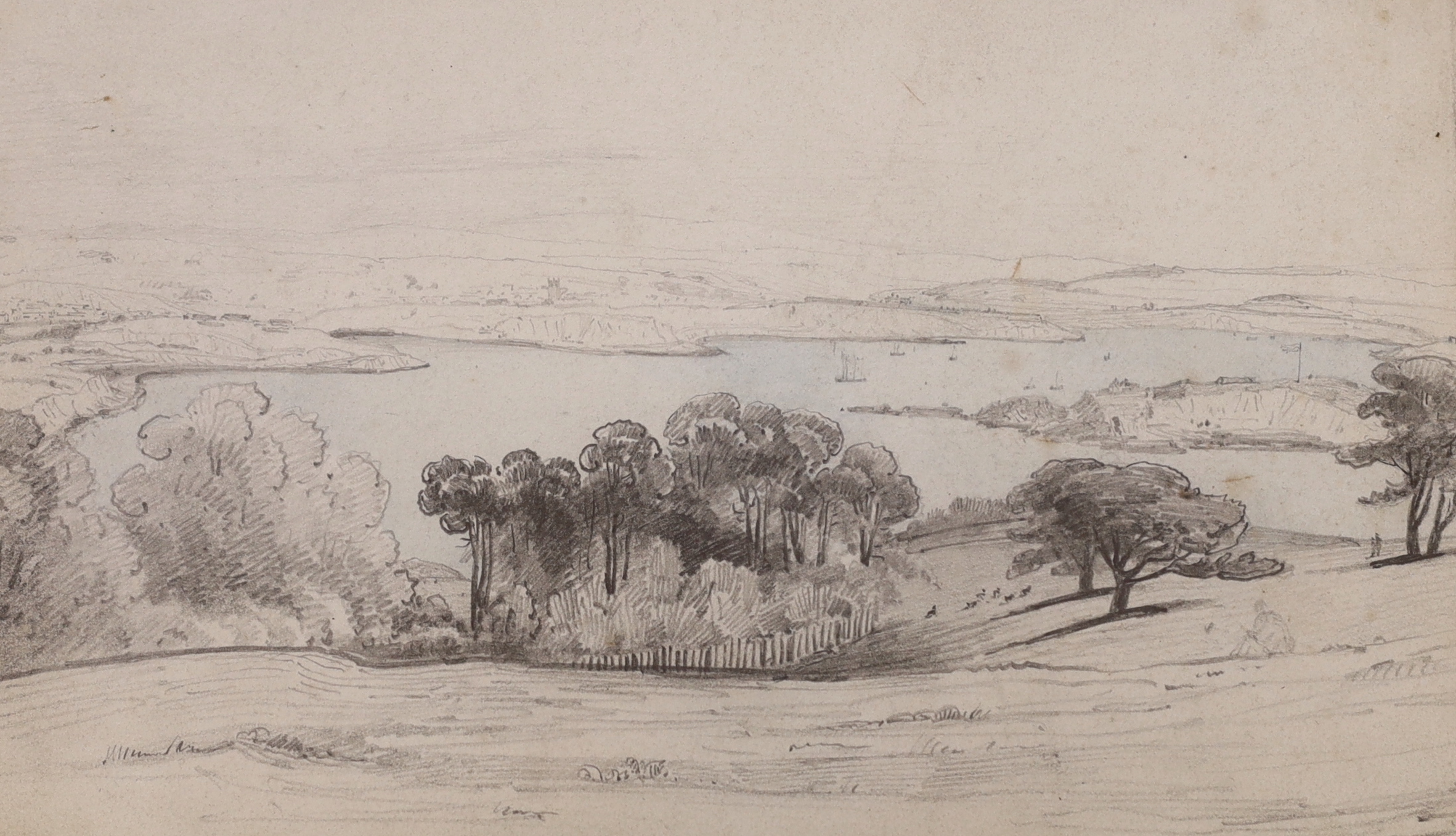 Sir Francis Leggatt Chantrey (1781-1841), pencil and wash, 'Plymouth from Mount Edgcombe 13 Sept 1821', 17.5 x 30cm